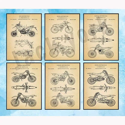 Set of six vintage beige dirt bike patent posters featuring ktm honda and yamaha designs for decorbites dirt bike decor