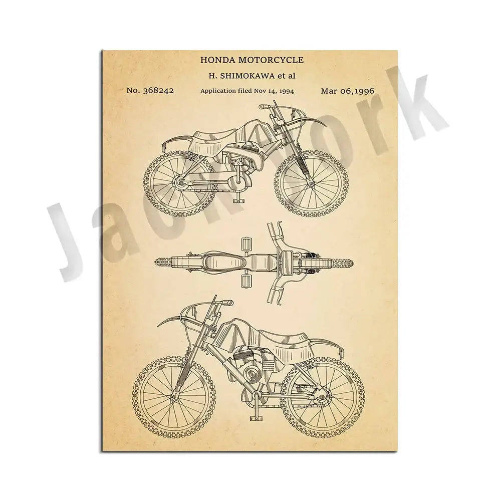 Vintage beige dirt bike patent art set featuring three detailed Honda dirt bike patent technical drawings on parchment decorbites dirt bike wall decor