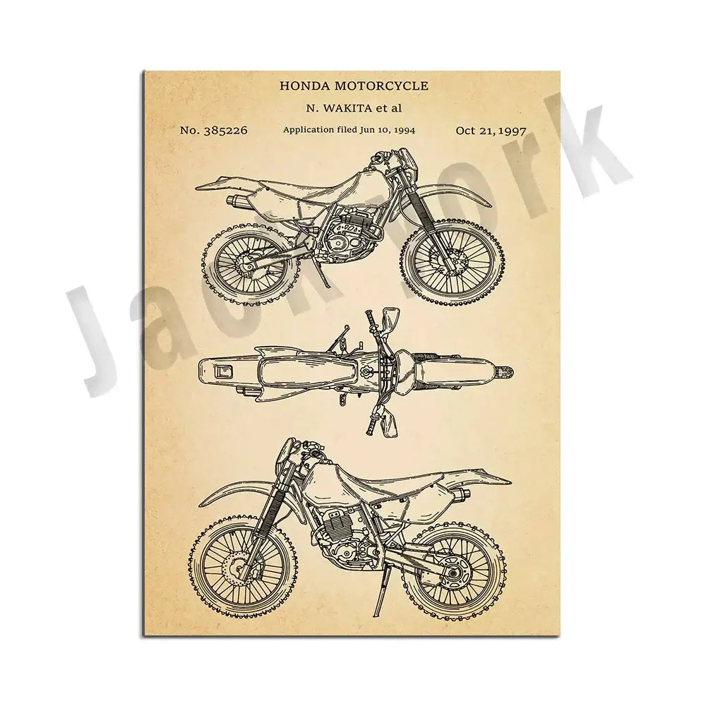Vintage beige dirt bike patent art set featuring a honda dirt bike blueprint poster on aged parchment decorbites dirt bike decor