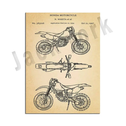 Vintage beige dirt bike patent art set featuring a honda dirt bike blueprint poster on aged parchment decorbites dirt bike decor