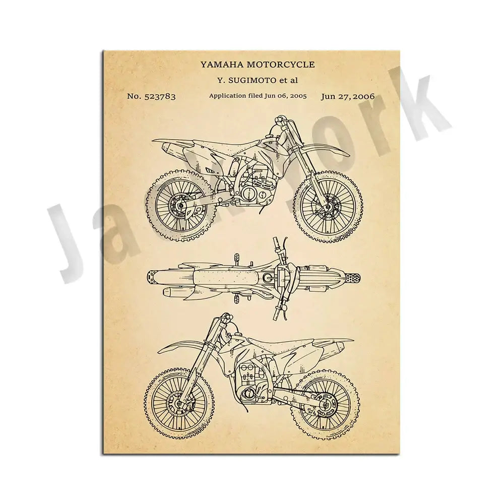 Vintage beige yamaha dirt bike patent art set featuring three technical drawings on aged parchment for bedroom decorbites decor