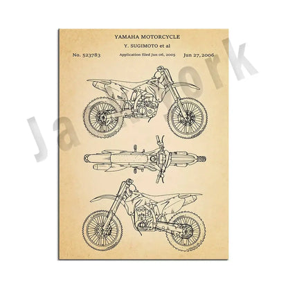 Vintage beige yamaha dirt bike patent art set featuring three technical drawings on aged parchment for bedroom decorbites decor