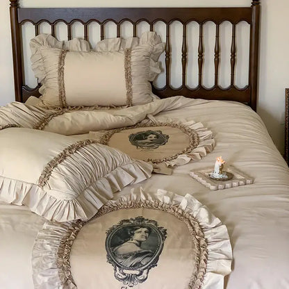 Beige ruffled bedding set with vintage portrait embroidery and decorbites french lace ruffles for elegant bedroom decor