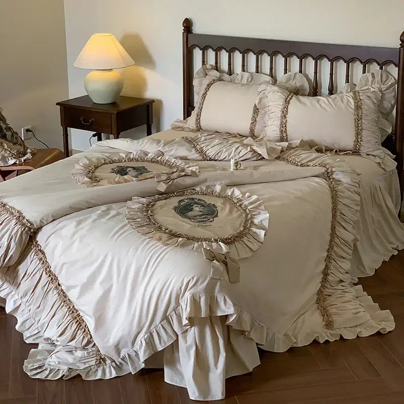 Cream-colored bedding set with vintage portrait embroidery gold-toned trim and decorbites french lace ruffles