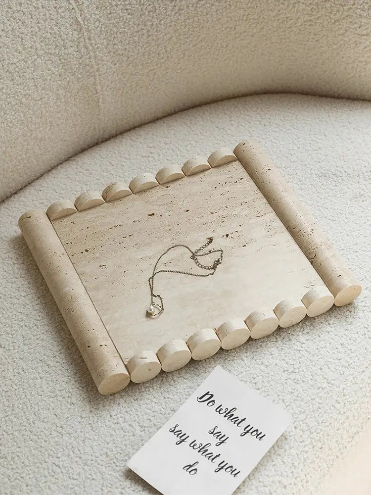 Beige stone vintage travertine marble serving tray with rounded edges and scalloped border for kitchen use decorbites beige travertine