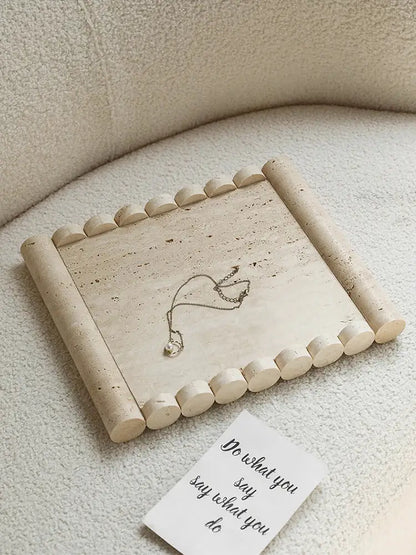 Beige stone vintage travertine marble serving tray with rounded edges and scalloped border for kitchen use decorbites beige travertine