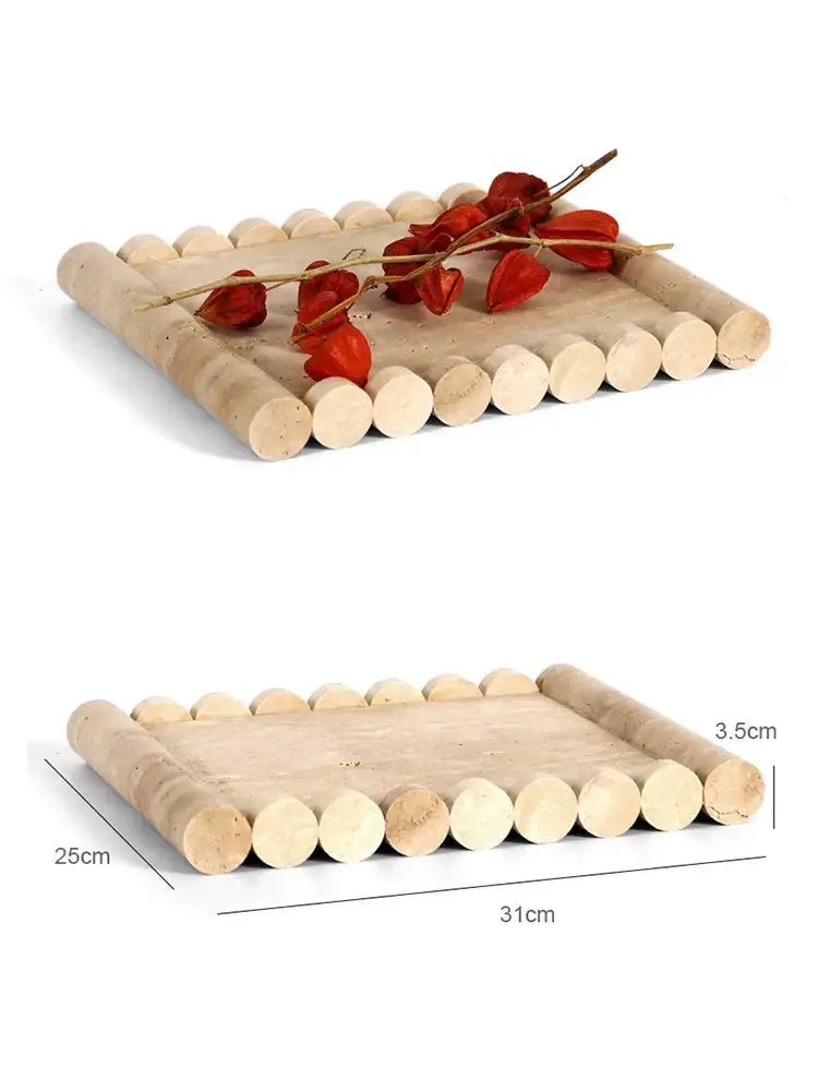 Rectangular wooden serving tray with rounded edges and natural light wood finish for decorbites beige travertine marble tray
