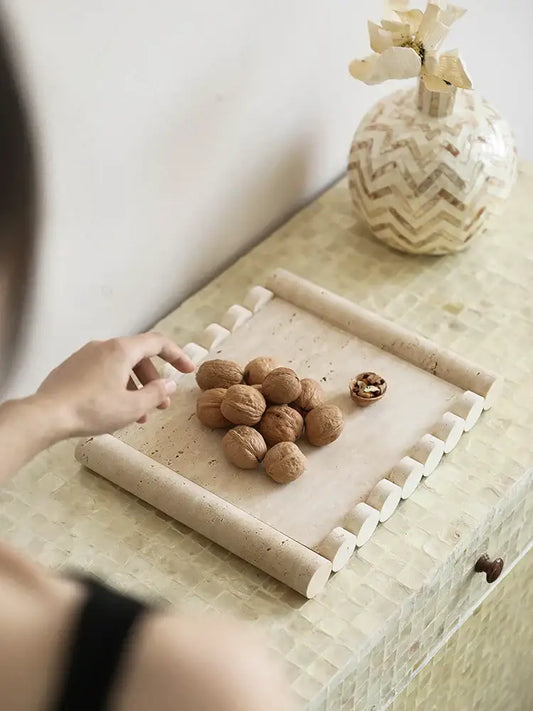 Beige stone travertine marble serving tray with rolled edges and cylindrical handles by decorbites beige travertine