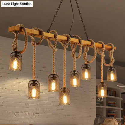 Vintage beige wooden beam chandelier with thick beige rope knots and metal mesh shades for kitchen island pendant light