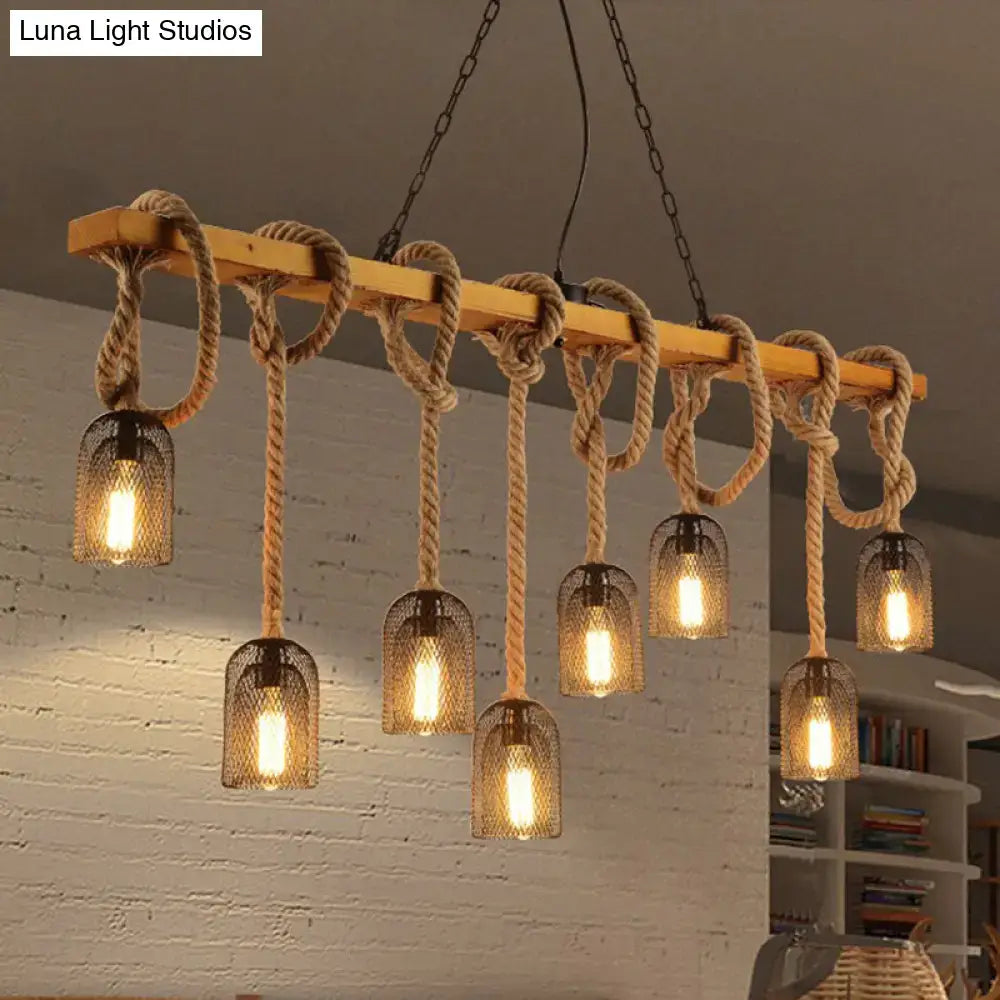 Vintage beige wooden beam chandelier with thick rope knots and metal mesh shades for kitchen island lighting
