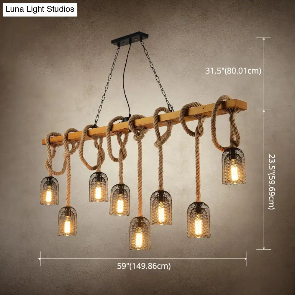 Vintage beige wooden beam chandelier with rustic natural rope loops black metal cage pendant lights for kitchen island