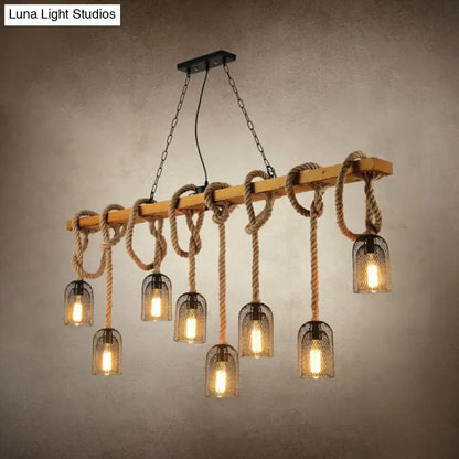 Vintage beige wooden beam chandelier with thick rope knots chains and seven black mesh pendant shades for kitchen island