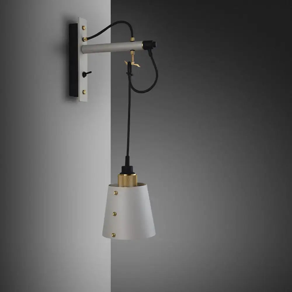 Vintage bell wall lamp with white conical shade, gold metal accents, black white finish, and adjustable wall fixture for bedroom