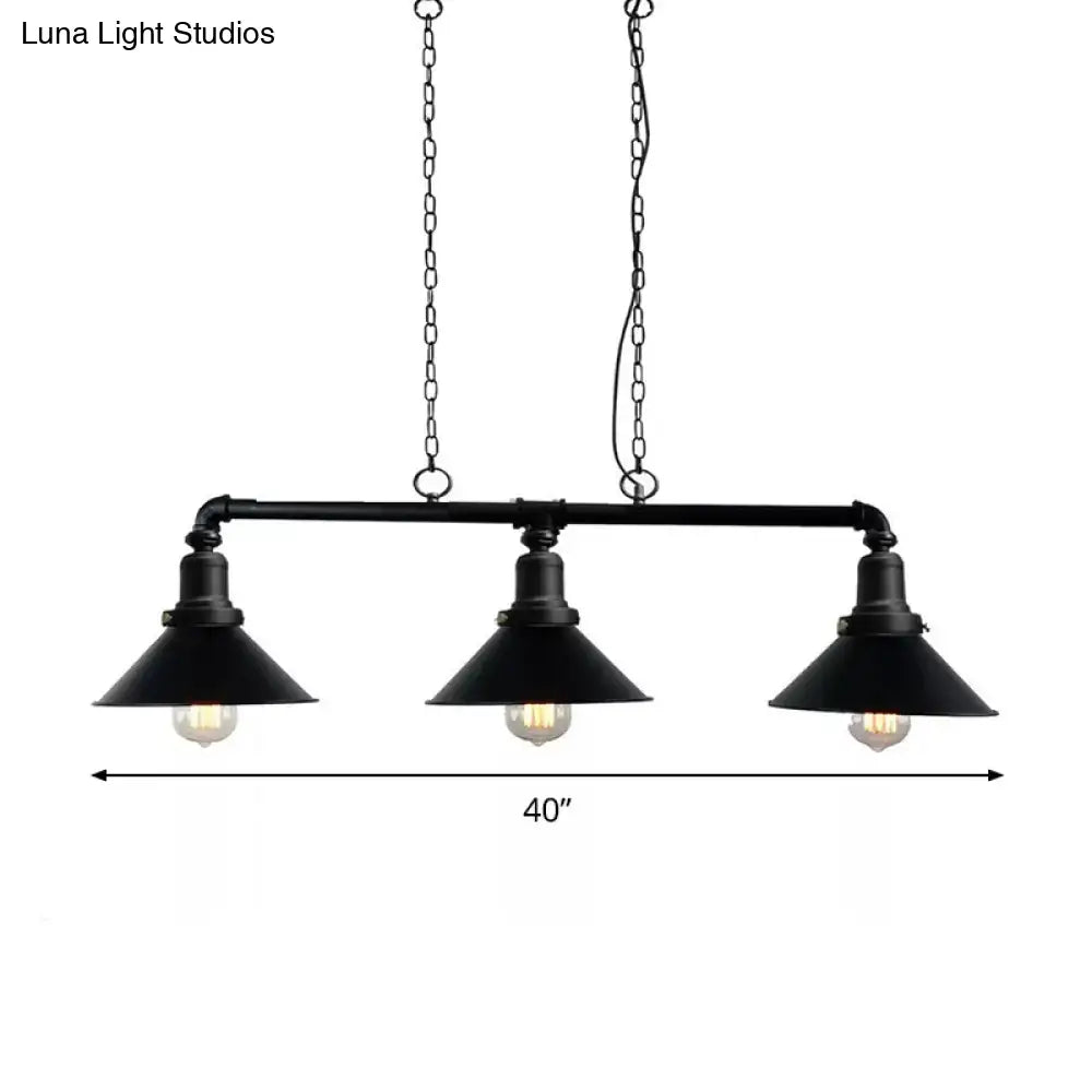 Decorbites vintage black conical island light fixture with three metal conical shades and exposed bulbs suspended by chains