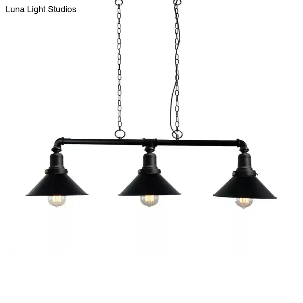 Decorbites vintage black conical island light fixture with three metal conical shades and exposed filament bulbs for dining room