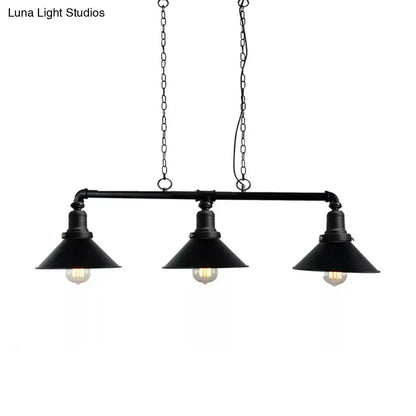 Decorbites vintage black conical island light fixture with three metal conical shades and exposed filament bulbs for dining room