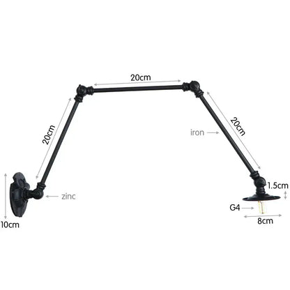 Vintage black adjustable loft wall light made of wrought iron with zinc-plated bracket and g4 bulb socket