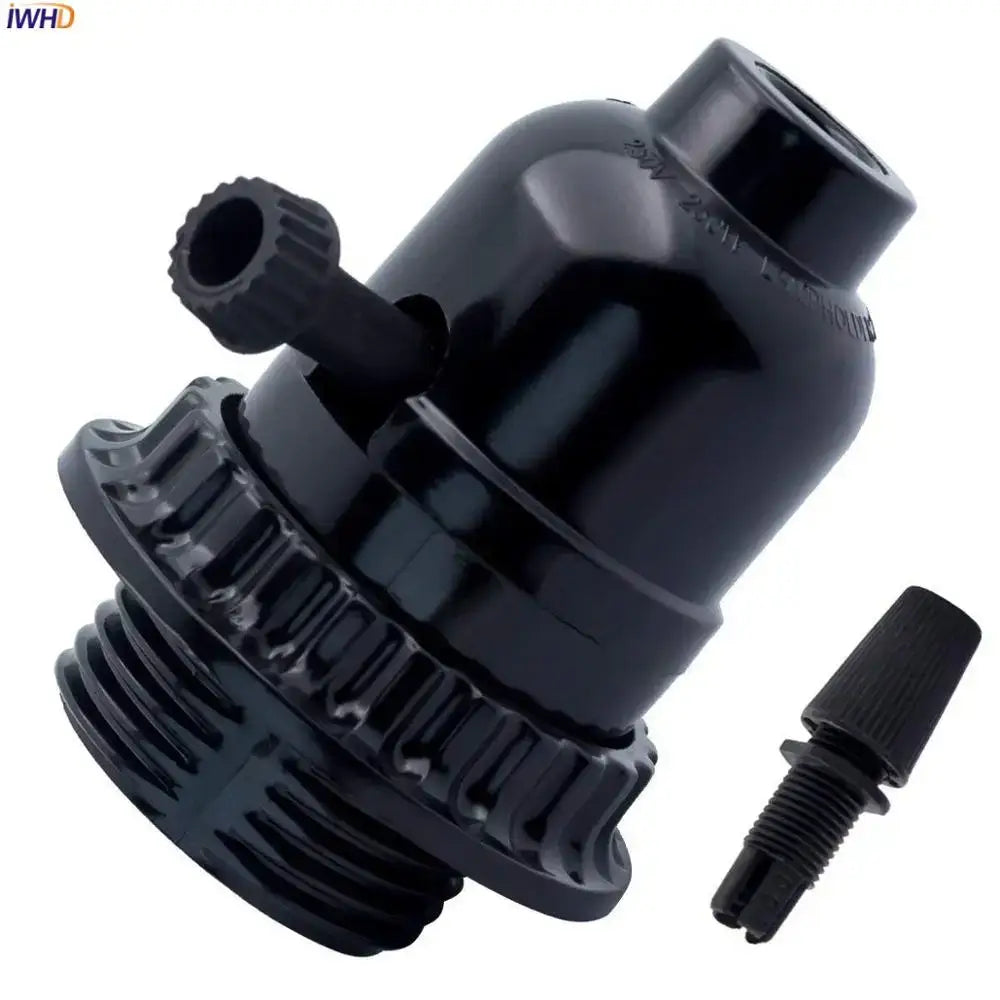 Vintage black and gold e27 bulb holder with pull switch featuring a black matte porcelain socket and knurled adjustment knob