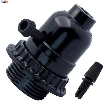 Vintage black and gold e27 bulb holder with pull switch featuring a black matte porcelain socket and knurled adjustment knob