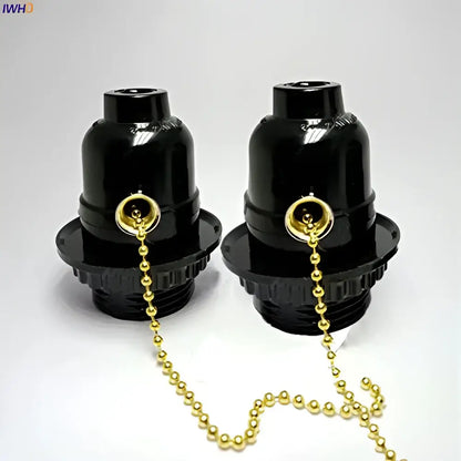 Vintage black ceramic e27 bulb holder with gold ball chain pull switch for bedroom lighting setup