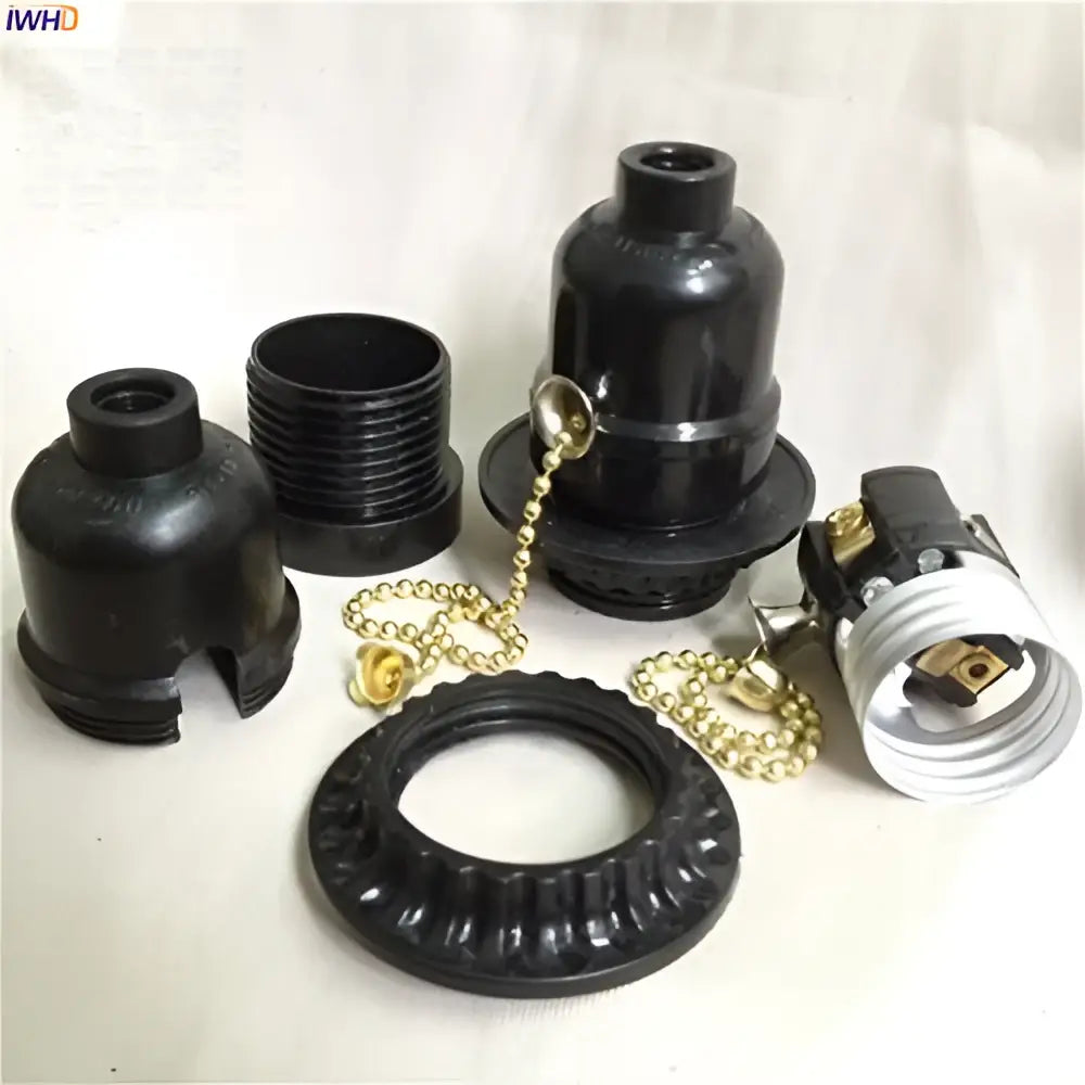 Vintage black and gold e27 bulb holder with plastic lamp socket and chain pull switch for bedroom light fixtures