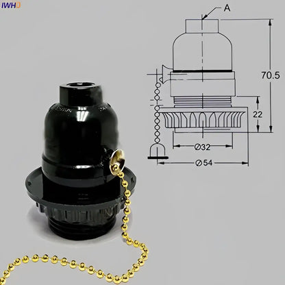 Vintage black and gold e27 bulb holder with a black plastic lamp socket and gold-colored ball chain for lighting setup