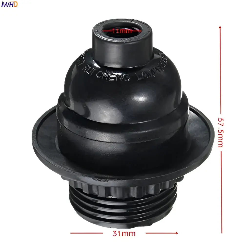 Black rubberized plastic bicycle headset spacer with threaded base and flanged top for vintage black and gold e27 bulb holder