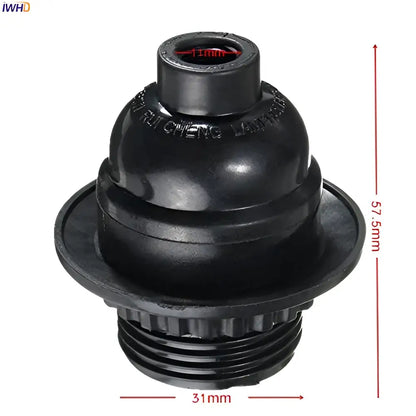 Black rubberized plastic bicycle headset spacer with threaded base and flanged top for vintage black and gold e27 bulb holder