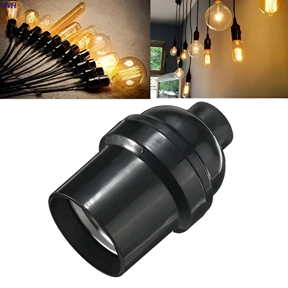 Black plastic e27 bulb holder adapter with ridged texture for vintage bedroom lighting setup with pull switch