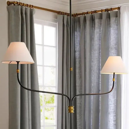Vintage black and gold iron finish pendant light with cloth shade chandelier featuring two white lampshades for dining room
