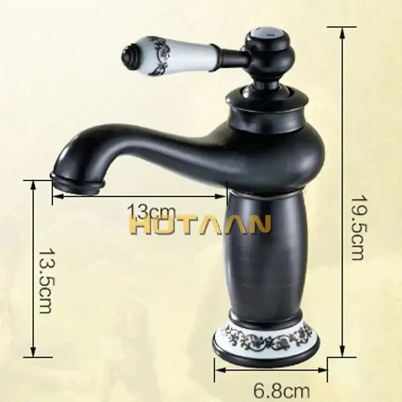 Vintage black brass ceramics bathroom faucet with black matte finish, white floral ceramic handle, and elegant curved spout