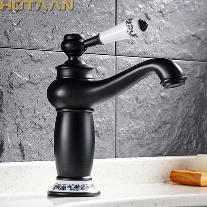 Vintage black brass ceramics bathroom faucet with black matte finish and white floral handle by decorbites black brass