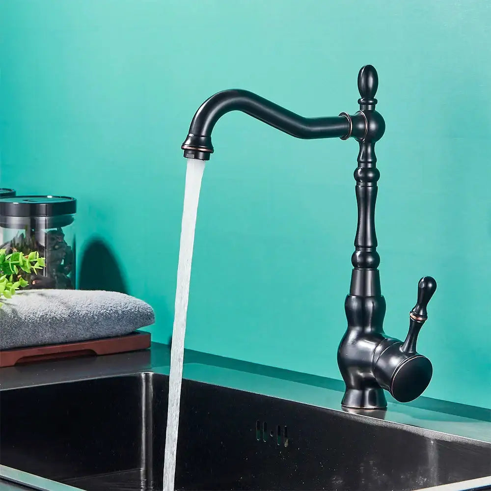 Vintage black brass faucet single handle kitchen sink mixer tap with curved spout and ornate decorbites black brass design
