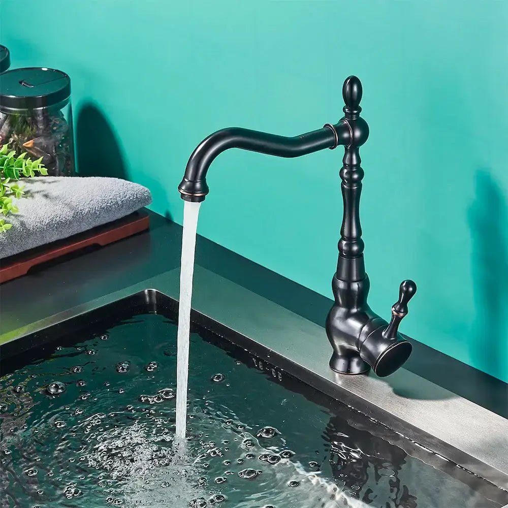 Vintage black brass faucet single handle kitchen sink mixer tap with black matte finish and ornate curved spout by decorbites black brass faucet