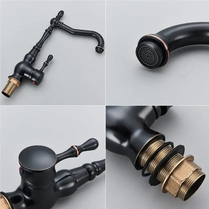 Vintage single handle kitchen sink mixer tap in black brass faucet with matte finish and brass accents by decorbites