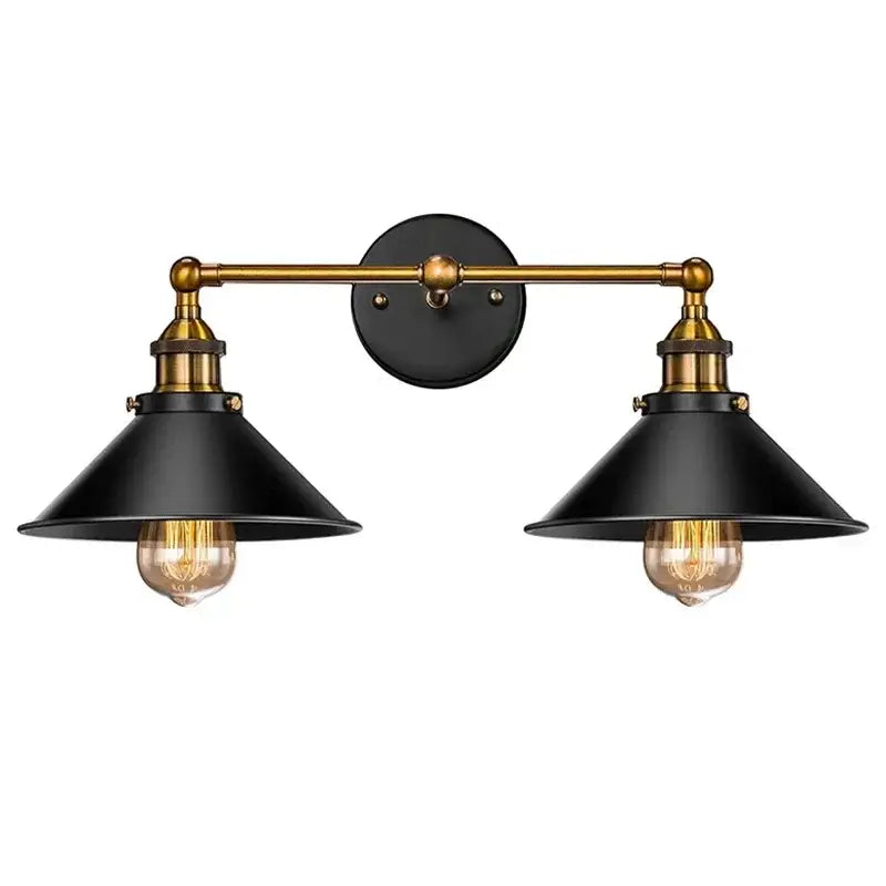 Industrial-style double-light wall sconce with black metal matte finish and brass accents for pendant light kitchen island lighting