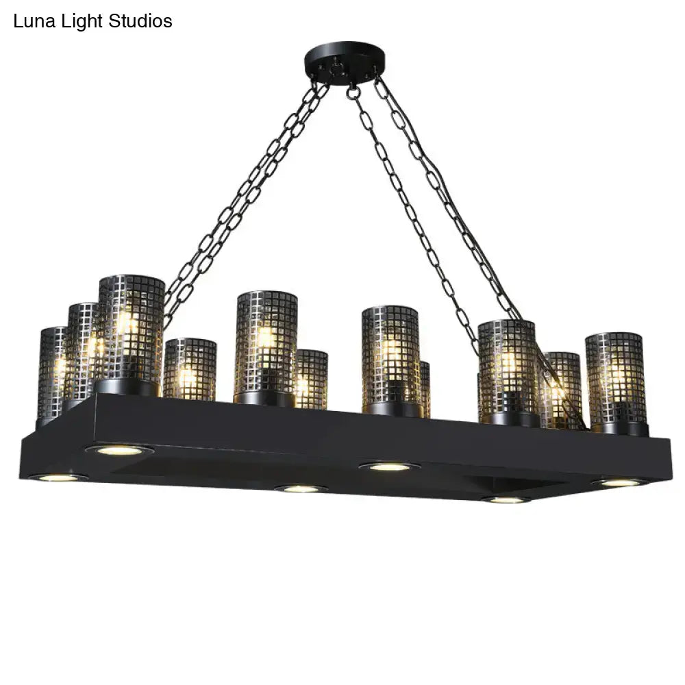 Black metal vintage restaurant island lamp with rectangular base chain suspension and grid patterned glass cylinder shades 220v-240v