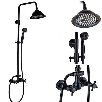 Vintage black bronze shower faucet set in black matte brass with overhead rainhead and handheld spray for bathroom use