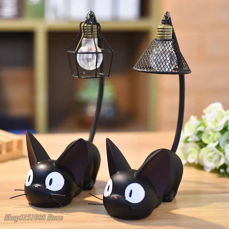 Vintage black cartoon cat led night light desk lamp with wire mesh shade and exposed bulb for bedroom decorbites cartoon cat