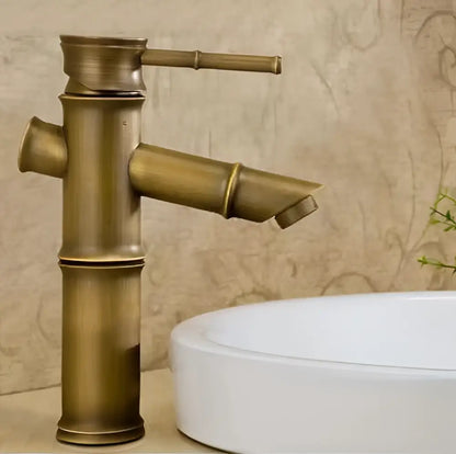 Antique brass vintage bathroom faucet with bamboo style single handle and spout for bathroom sink use