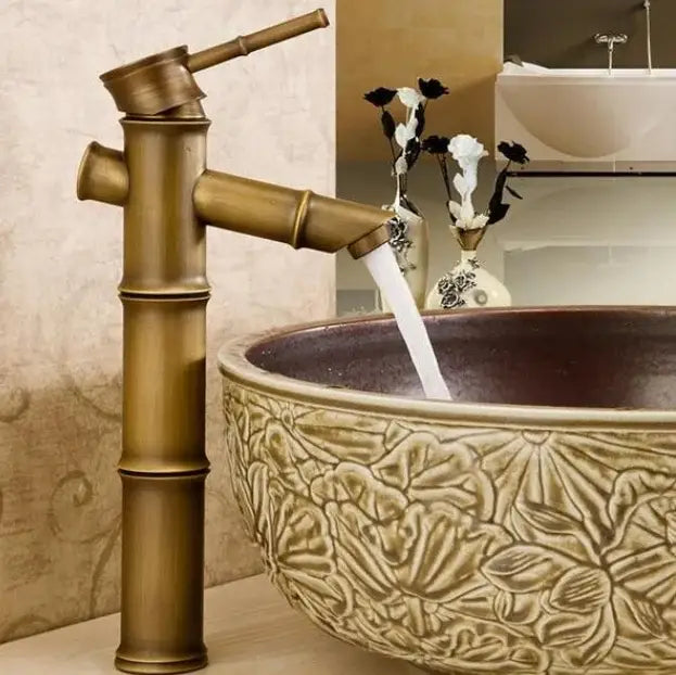 Vintage bathroom faucet brass bamboo-style with matte finish and segmented design for bathroom sink tap