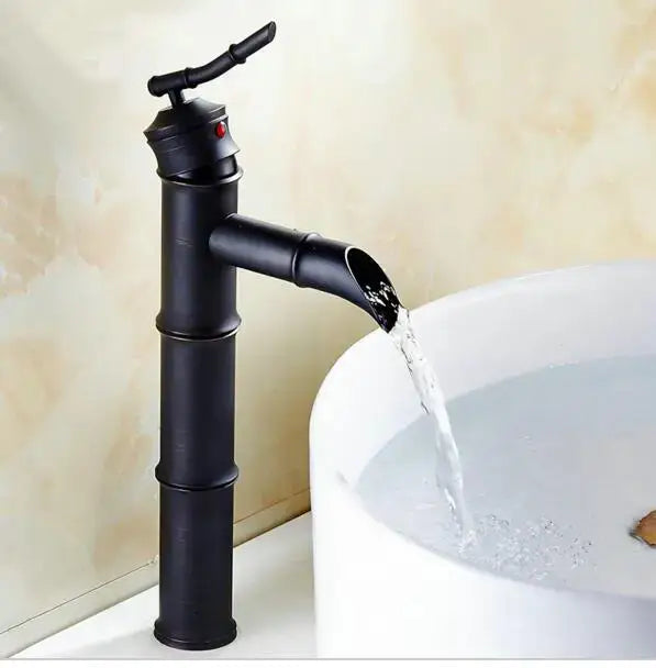 Vintage bathroom faucet black bamboo style with matte finish and red accent handle for bathroom sink tap