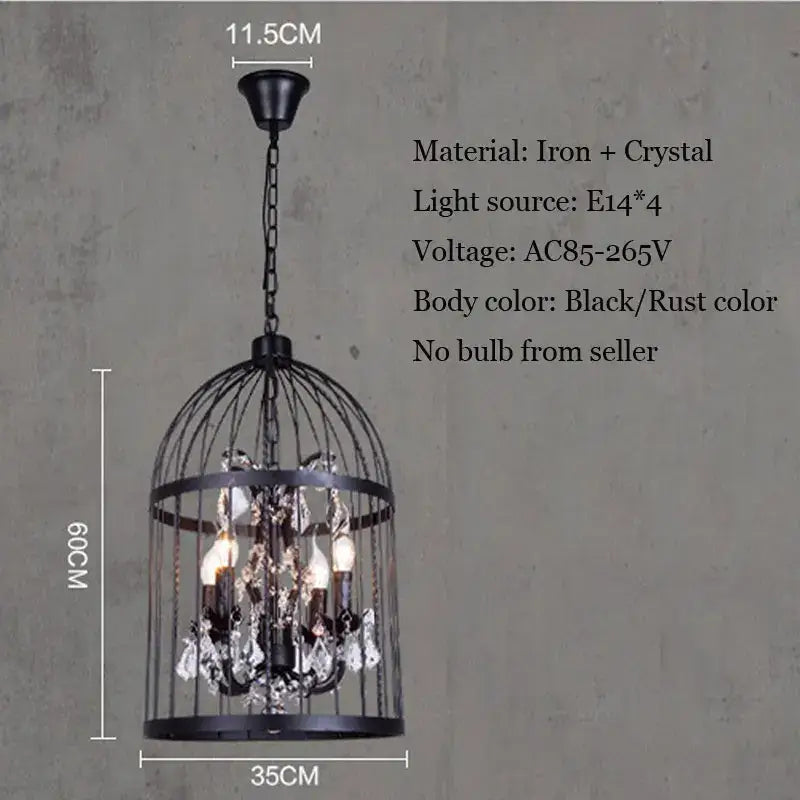 Vintage black iron crystal bird cage pendant light with four e14 sockets for elegant dining room decorbites crystal bird chandelier