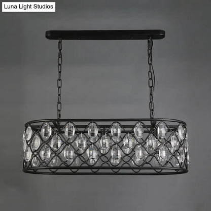 Vintage black crystal oval hanging light dining room chandelier with wrought iron frame and clear crystal beads in diamond pattern