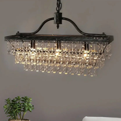 Rectangular DecorBites vintage black chandelier with dark metal frame and cascading crystal shade ceiling light droplets