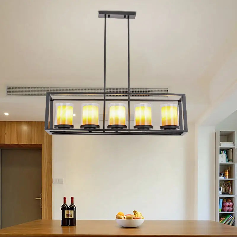 Modern black metal rectangular pendant light with five warm yellow glass candle bulbs for dining room use
