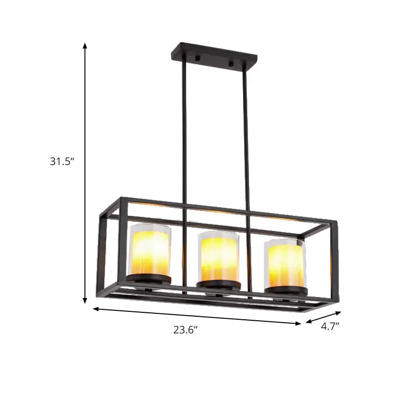 Black metal cylinder pendant light with three amber glass candle bulbs for vintage dining room lighting
