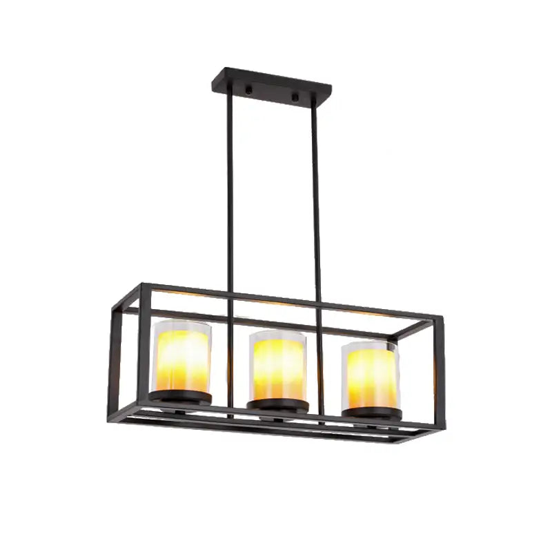 Vintage black metal pendant light with three amber glass cylinder pendant shades for dining room lighting