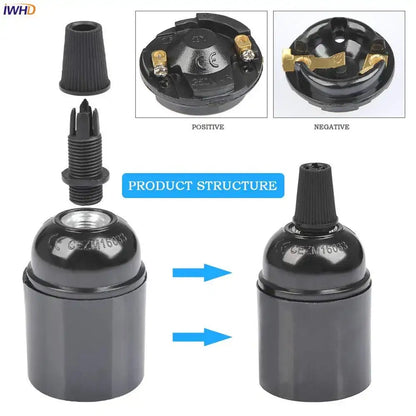 Vintage black e27 socket bulb holder with gold metal contacts and threaded screw base for kitchen lamp holder