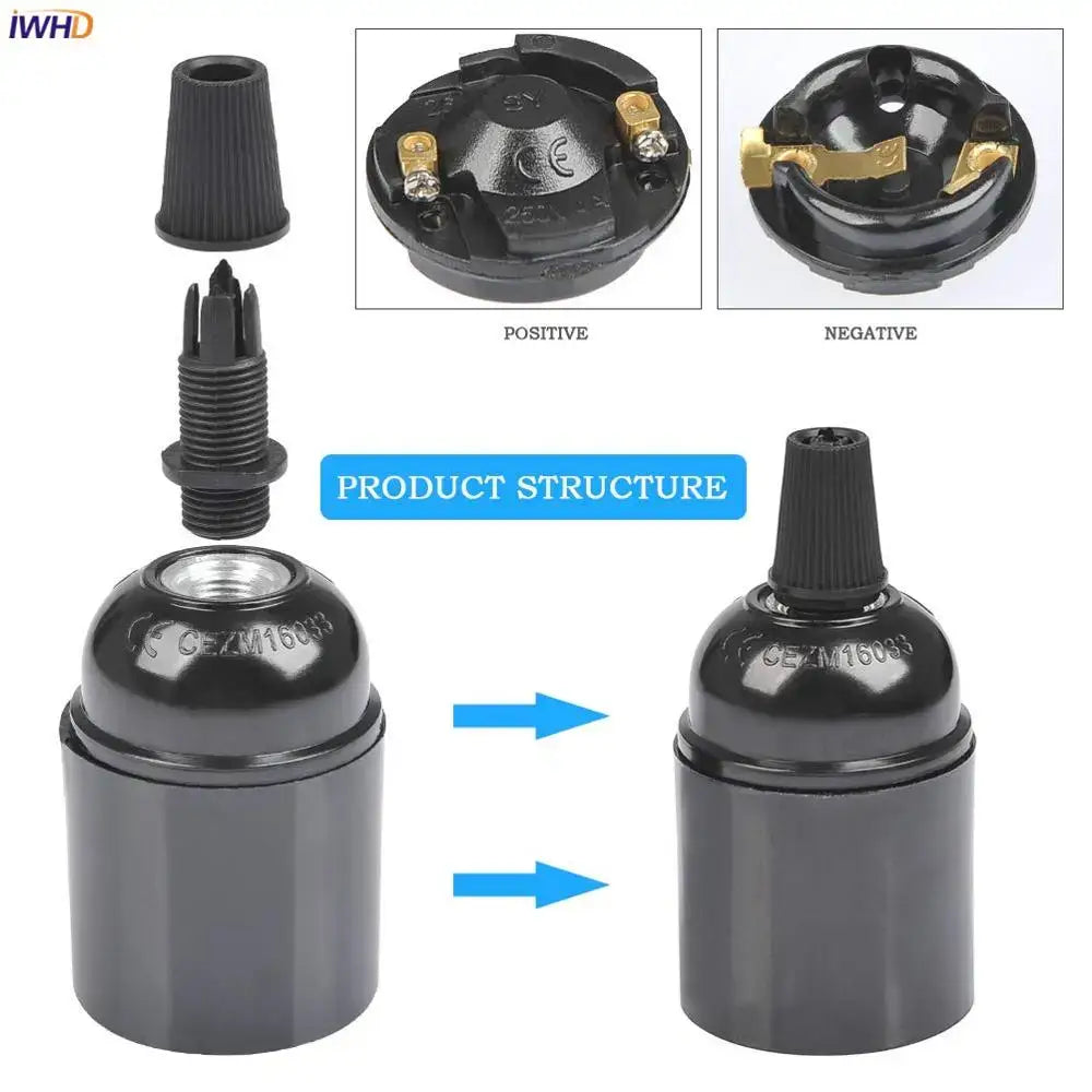 Vintage black e27 socket bulb holder featuring black plastic and gold metal contacts with a threaded screw base lamp holder